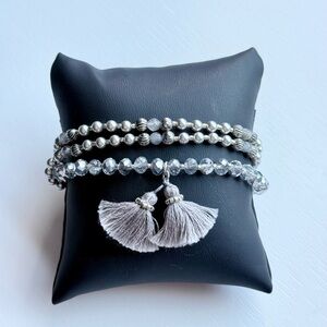 Chan Luu 3 strand Sterling Silver and Labradorite Beaded Bracelet with Tassels